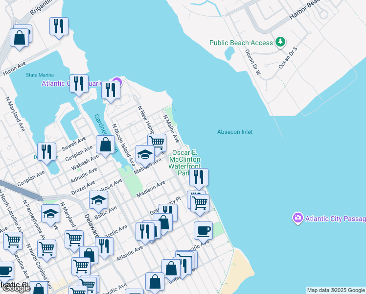 map of restaurants, bars, coffee shops, grocery stores, and more near Maine Avenue Promenade in Atlantic City
