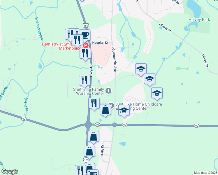 map of restaurants, bars, coffee shops, grocery stores, and more near 708 South Commercial Avenue in Smithville