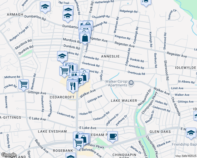 map of restaurants, bars, coffee shops, grocery stores, and more near 6306 Holly Lane in Baltimore