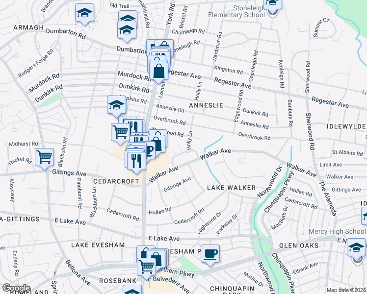 map of restaurants, bars, coffee shops, grocery stores, and more near 6306 Holly Lane in Baltimore