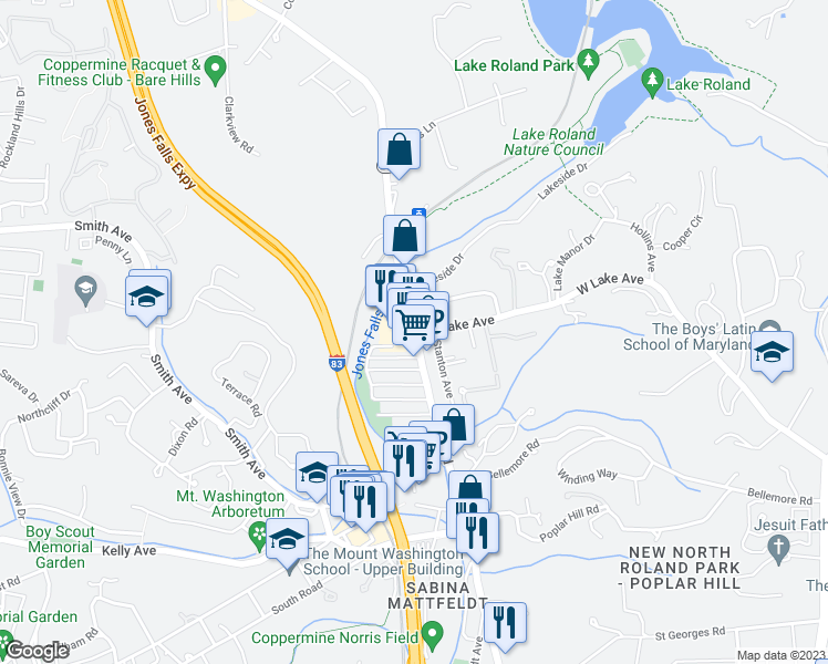map of restaurants, bars, coffee shops, grocery stores, and more near Falls Rd & W Lake Ave in Towson