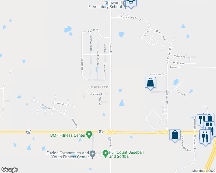 map of restaurants, bars, coffee shops, grocery stores, and more near 1612 Sycamore Ridge in Kearney