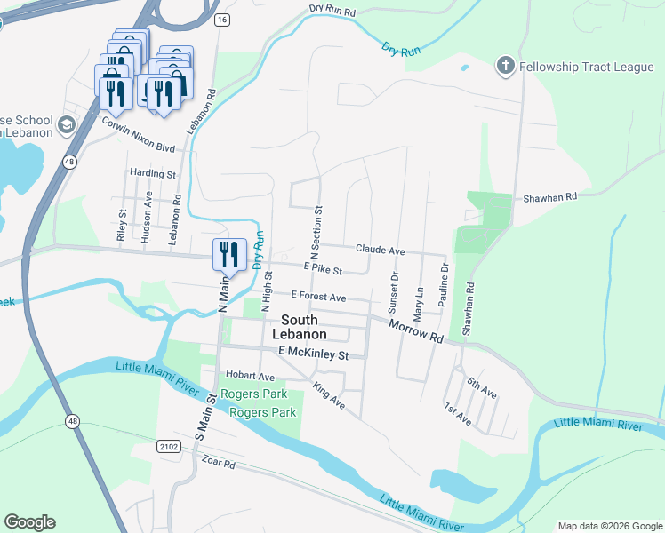 map of restaurants, bars, coffee shops, grocery stores, and more near 312 East Pike Street in South Lebanon