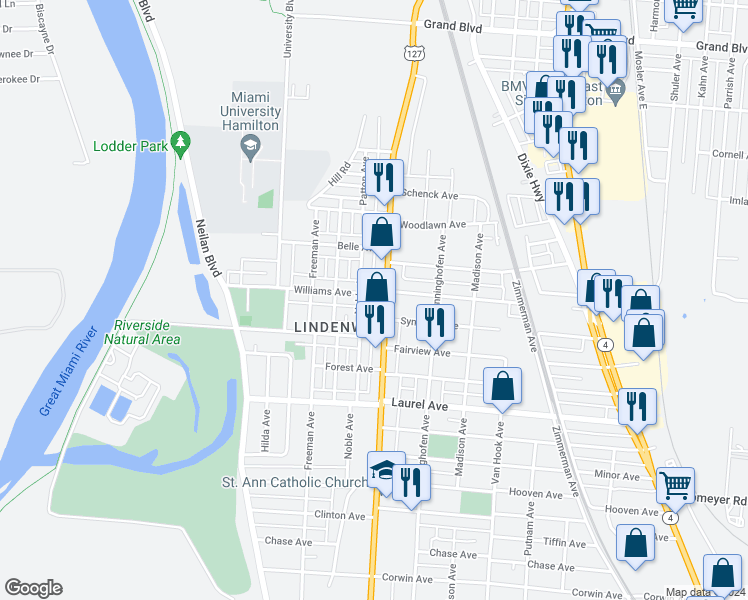 map of restaurants, bars, coffee shops, grocery stores, and more near 528 Williams Avenue in Hamilton