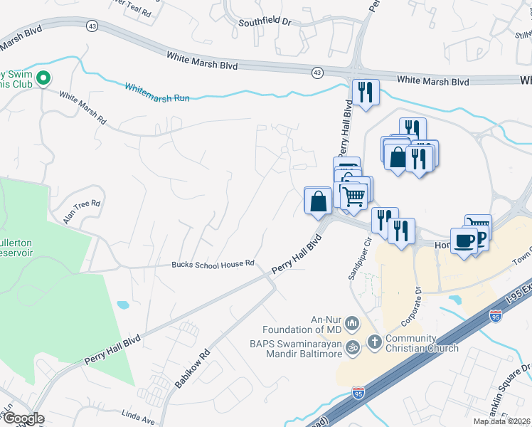 map of restaurants, bars, coffee shops, grocery stores, and more near 5050 Bucks School House Road in Rosedale