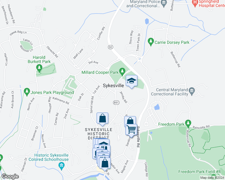 map of restaurants, bars, coffee shops, grocery stores, and more near 768 Central Avenue in Sykesville