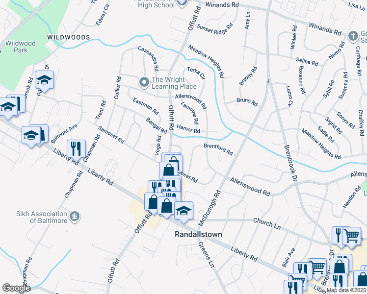 map of restaurants, bars, coffee shops, grocery stores, and more near 3713 Cassen Road in Randallstown