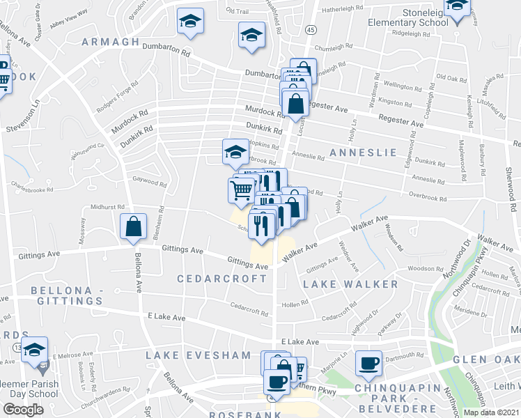 map of restaurants, bars, coffee shops, grocery stores, and more near 6372 York Road in Baltimore