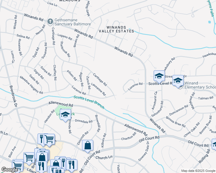 map of restaurants, bars, coffee shops, grocery stores, and more near 3913 Carthage Road in Randallstown