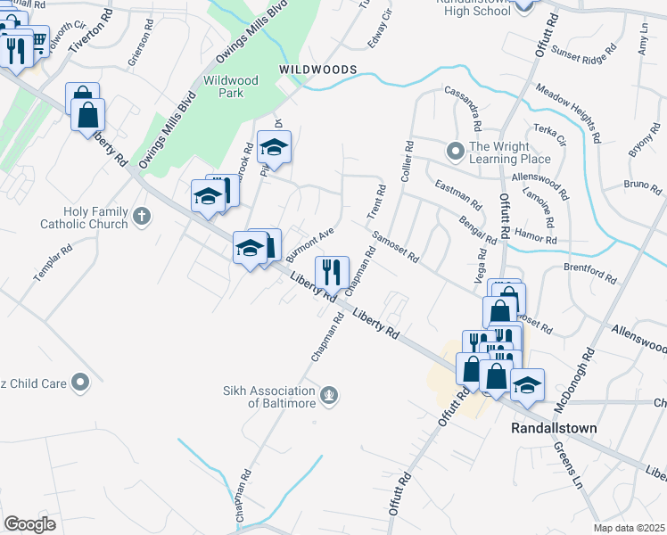 map of restaurants, bars, coffee shops, grocery stores, and more near 9306 Lykens Court in Randallstown