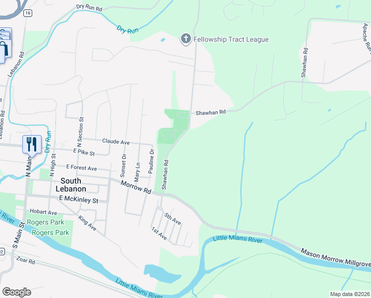 map of restaurants, bars, coffee shops, grocery stores, and more near 594 Shawhan Road in Morrow