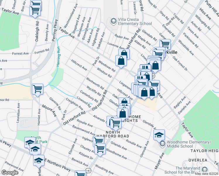map of restaurants, bars, coffee shops, grocery stores, and more near 7507 Old Harford Road in Parkville