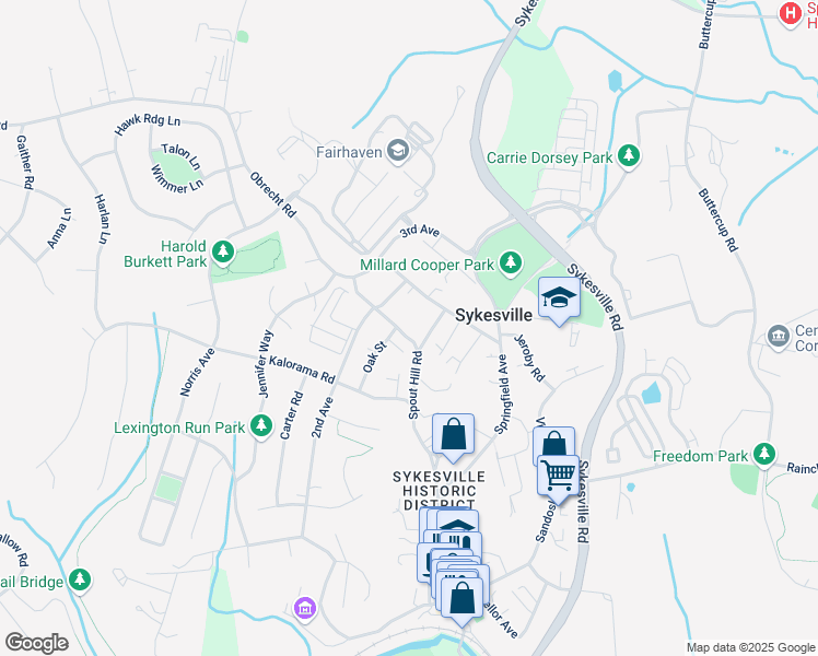 map of restaurants, bars, coffee shops, grocery stores, and more near 7316 1st Avenue in Sykesville