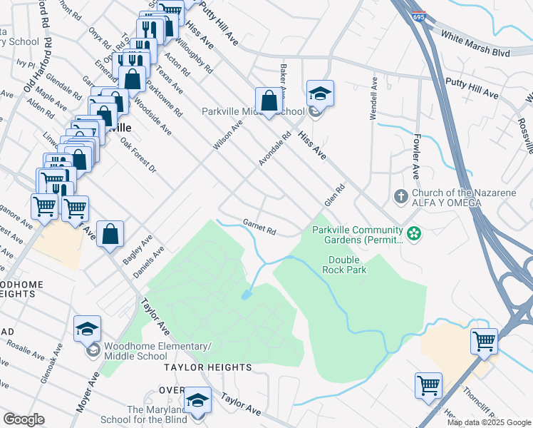 map of restaurants, bars, coffee shops, grocery stores, and more near 3321 Woodside Avenue in Parkville