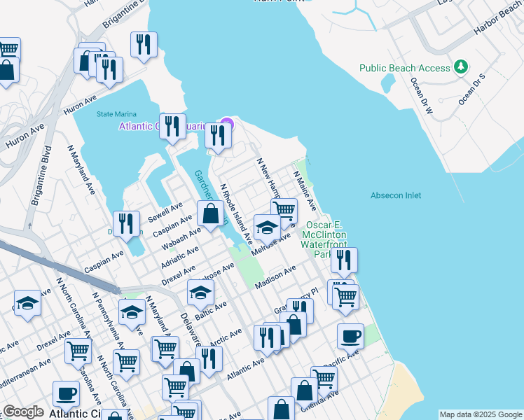 map of restaurants, bars, coffee shops, grocery stores, and more near 40 Anchorage Court in Atlantic City