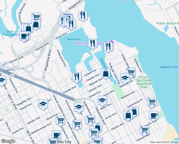 map of restaurants, bars, coffee shops, grocery stores, and more near 621 Sewell Avenue in Atlantic City