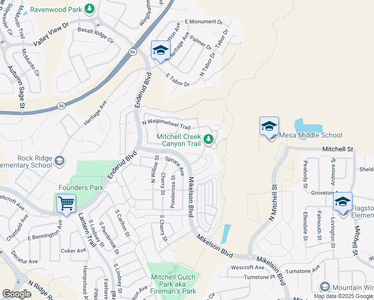 map of restaurants, bars, coffee shops, grocery stores, and more near 5641 East Melody Way in Castle Rock