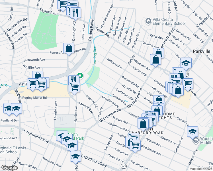 map of restaurants, bars, coffee shops, grocery stores, and more near 2521 Canterbury Road in Parkville
