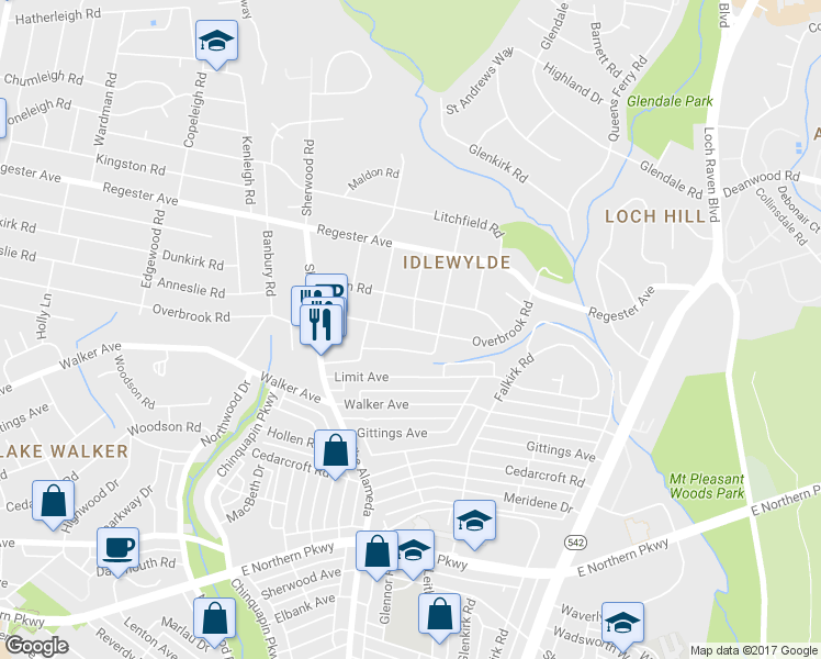 map of restaurants, bars, coffee shops, grocery stores, and more near 6400 Crestwood Road in Baltimore