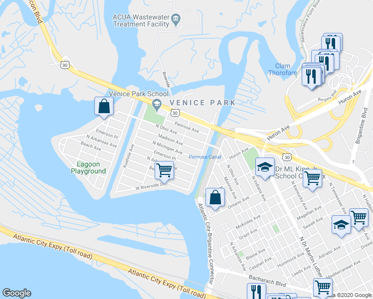 map of restaurants, bars, coffee shops, grocery stores, and more near 1424 Madison Avenue in Atlantic City