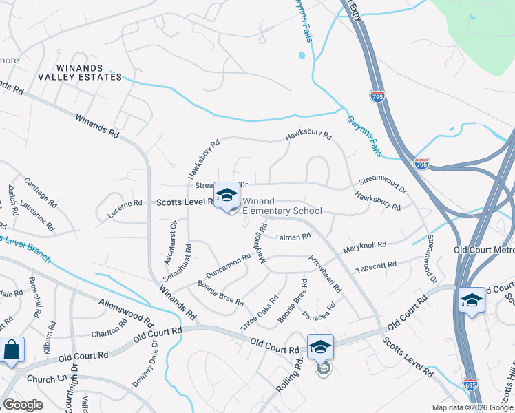 map of restaurants, bars, coffee shops, grocery stores, and more near 8259 Brattle Road in Pikesville