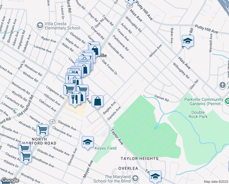 map of restaurants, bars, coffee shops, grocery stores, and more near 7806 Wilson Avenue in Parkville
