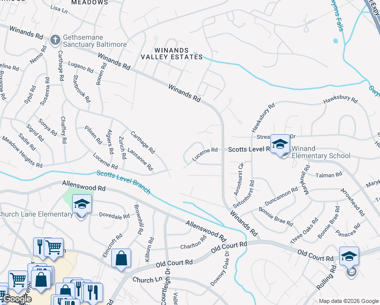 map of restaurants, bars, coffee shops, grocery stores, and more near 3915 Tevis Circle in Randallstown