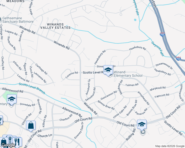 map of restaurants, bars, coffee shops, grocery stores, and more near 8301 Scotts Level Road in Pikesville