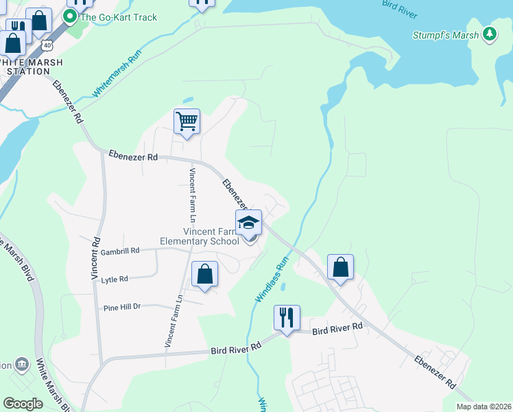 map of restaurants, bars, coffee shops, grocery stores, and more near 6006 Ebenezer Road in White Marsh