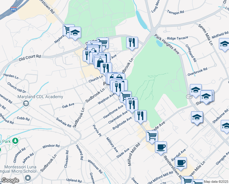 map of restaurants, bars, coffee shops, grocery stores, and more near 1100 Maryland 140 in Pikesville