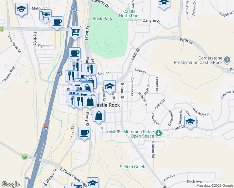 map of restaurants, bars, coffee shops, grocery stores, and more near 712 Fourth Street in Castle Rock