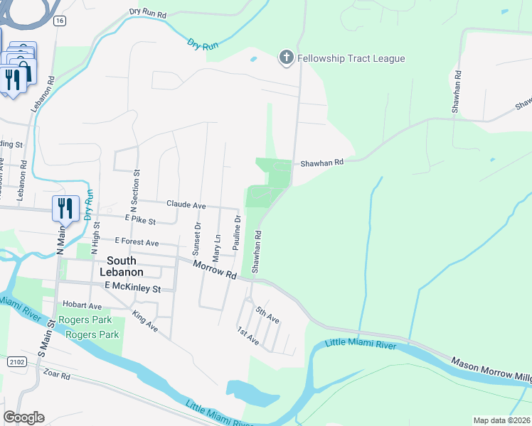 map of restaurants, bars, coffee shops, grocery stores, and more near 594 Shawhan Road in Morrow