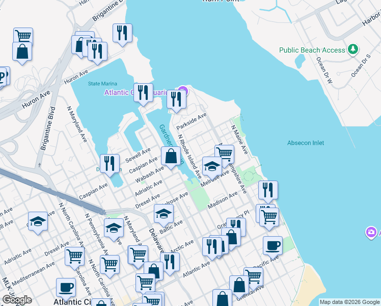 map of restaurants, bars, coffee shops, grocery stores, and more near 67 Anchorage Court in Atlantic City