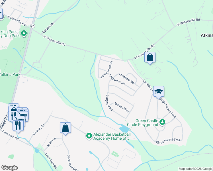map of restaurants, bars, coffee shops, grocery stores, and more near 1007 Longbow Road in Mount Airy