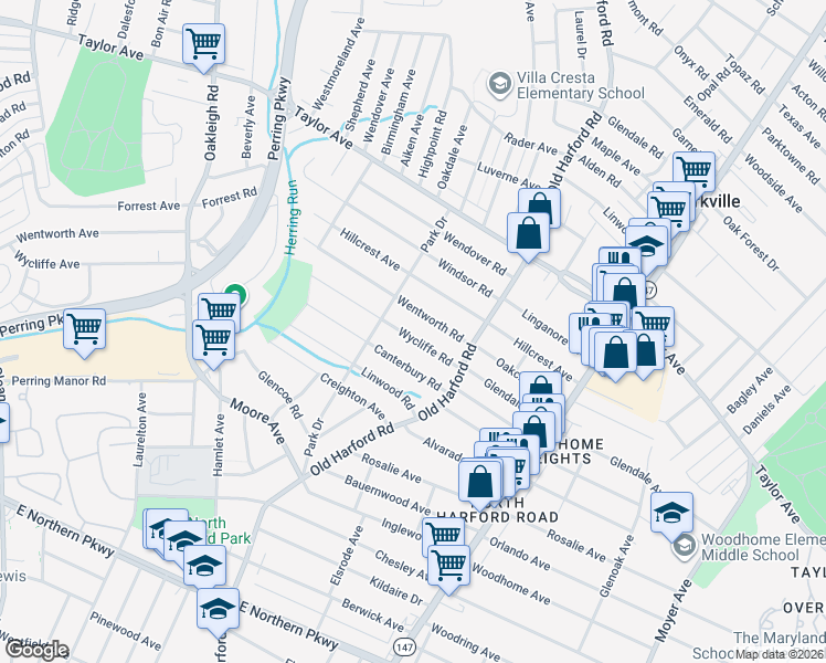 map of restaurants, bars, coffee shops, grocery stores, and more near 2610 Wycliffe Road in Parkville