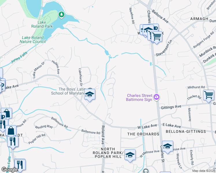 map of restaurants, bars, coffee shops, grocery stores, and more near 9 Knoll Ridge Court in Baltimore