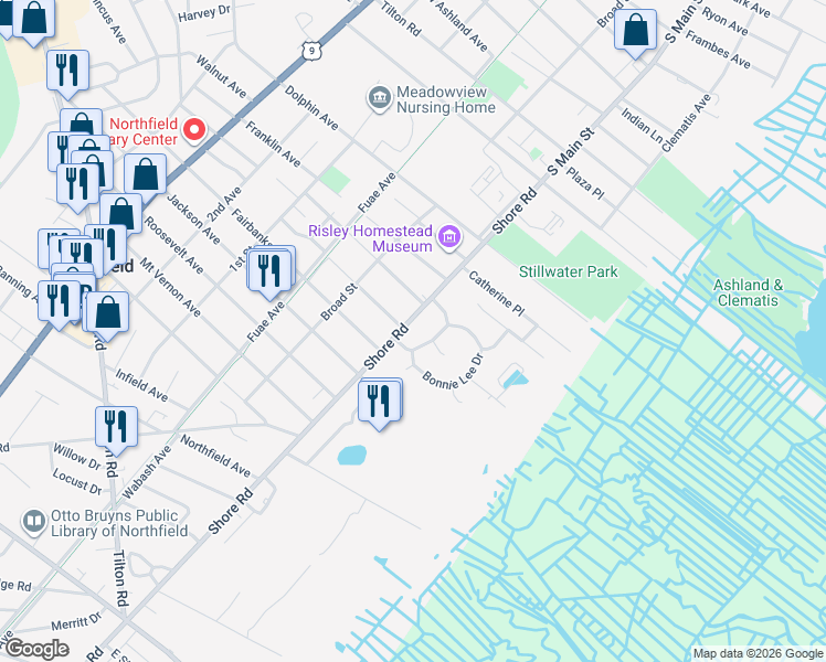 map of restaurants, bars, coffee shops, grocery stores, and more near 608 Shore Road in Northfield