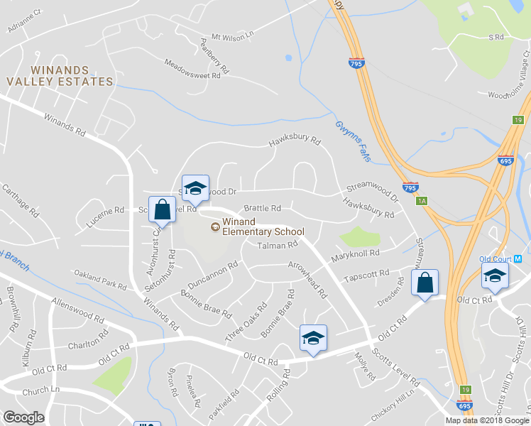 map of restaurants, bars, coffee shops, grocery stores, and more near 8247 Brattle Road in Pikesville