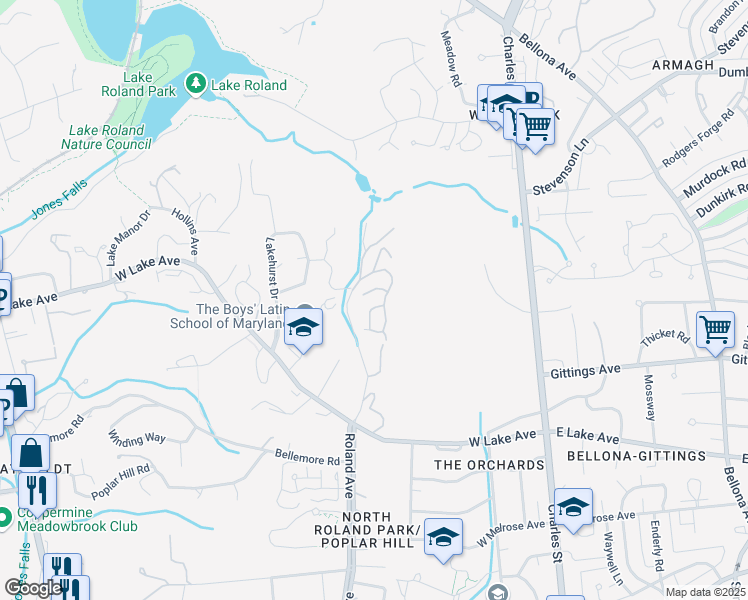 map of restaurants, bars, coffee shops, grocery stores, and more near 36 Overridge Court in Baltimore