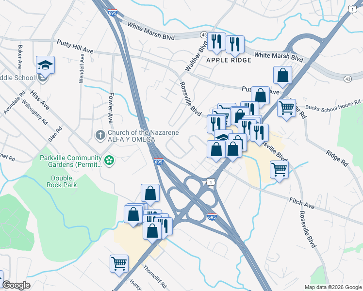 map of restaurants, bars, coffee shops, grocery stores, and more near 7820 Rolling Vista Court in Nottingham