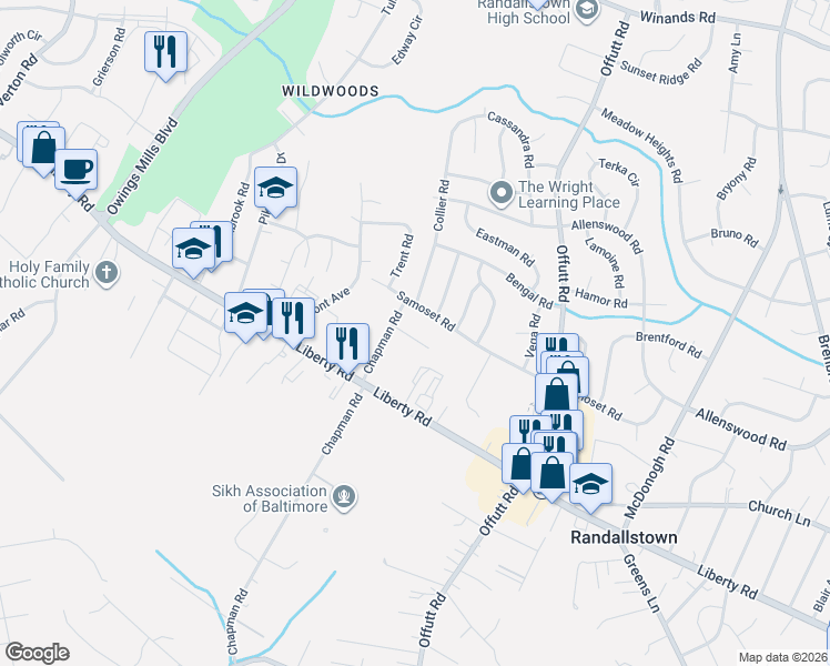 map of restaurants, bars, coffee shops, grocery stores, and more near 8 Chapmanview Court in Randallstown