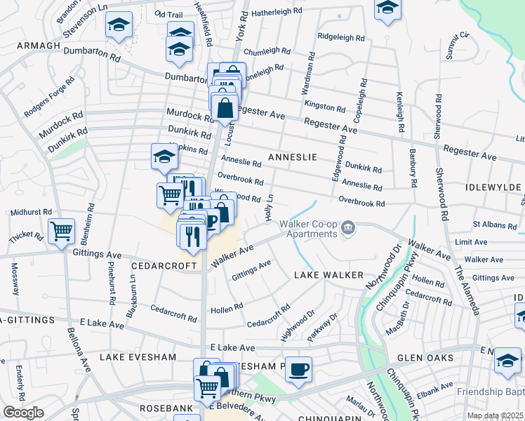 map of restaurants, bars, coffee shops, grocery stores, and more near 6310 Holly Lane in Baltimore