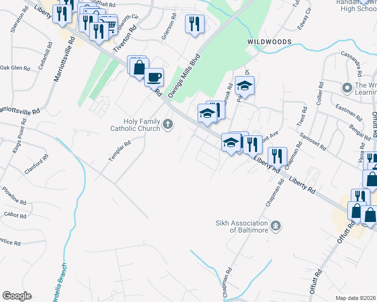 map of restaurants, bars, coffee shops, grocery stores, and more near Peace Chance Drive in Randallstown