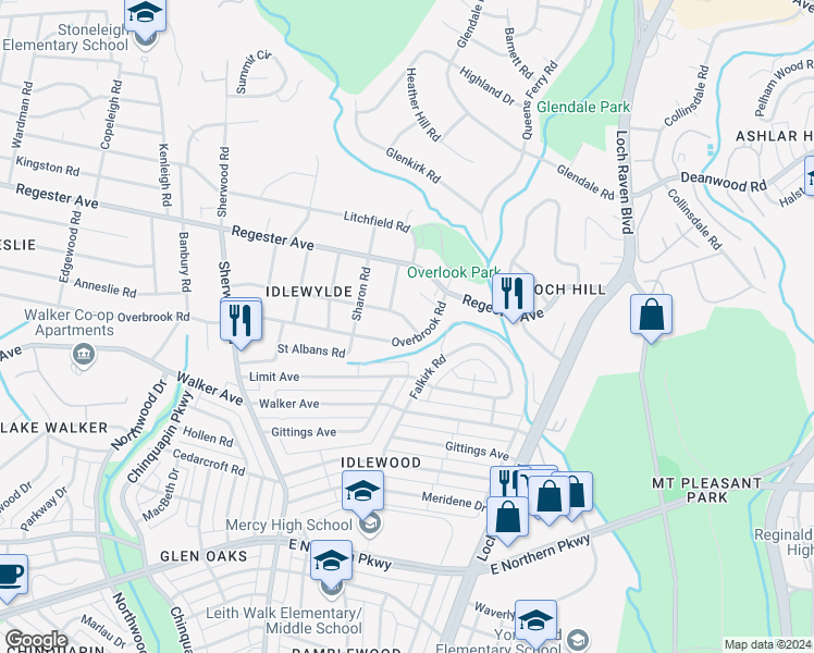 map of restaurants, bars, coffee shops, grocery stores, and more near 1117 Arran Road in Baltimore