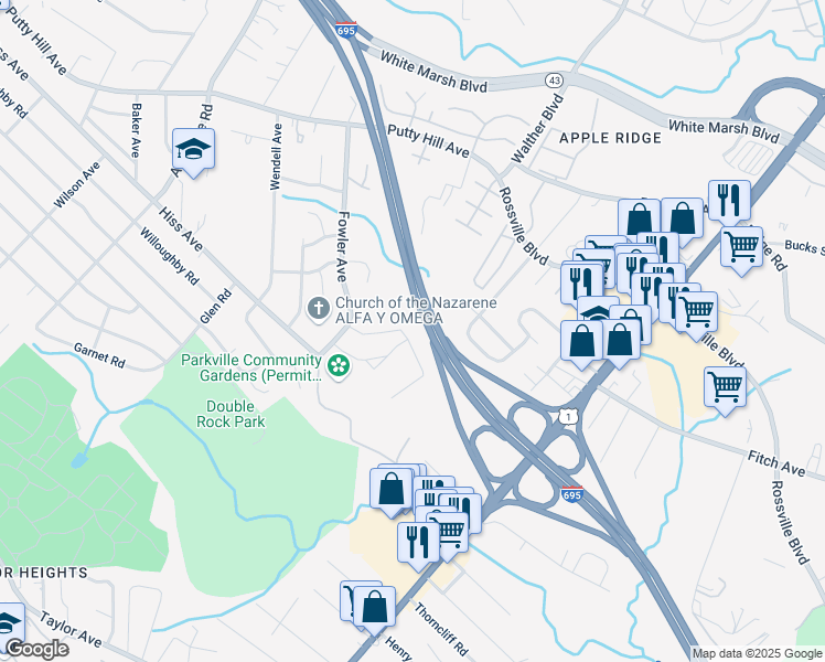 map of restaurants, bars, coffee shops, grocery stores, and more near 3654 Double Rock Lane in Parkville