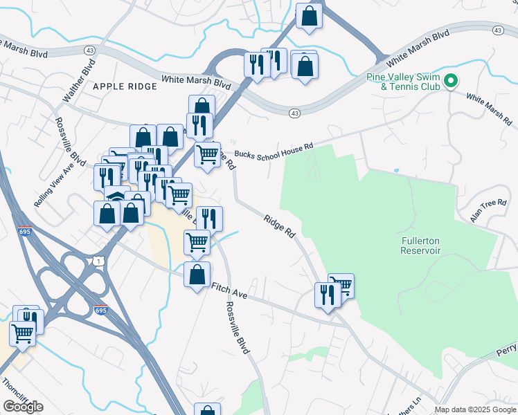 map of restaurants, bars, coffee shops, grocery stores, and more near 4414 Ridge Road in Nottingham