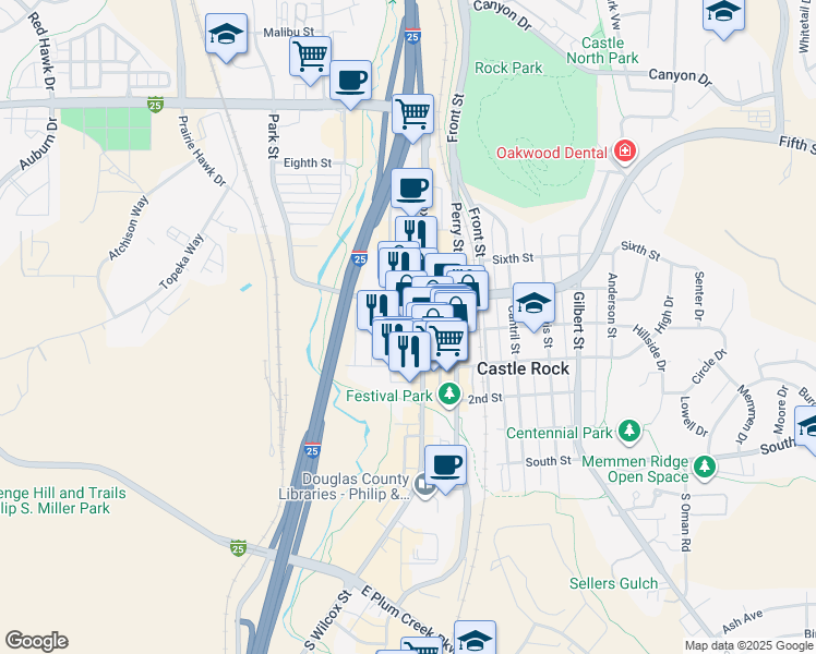 map of restaurants, bars, coffee shops, grocery stores, and more near 213 Fourth Street in Castle Rock