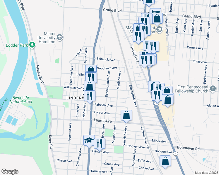 map of restaurants, bars, coffee shops, grocery stores, and more near 710 Williams Avenue in Hamilton