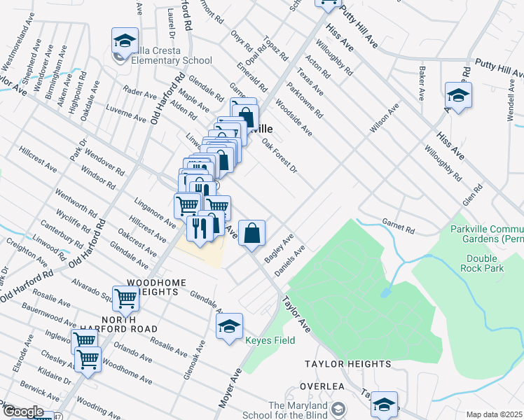 map of restaurants, bars, coffee shops, grocery stores, and more near 3033 Linwood Avenue in Parkville