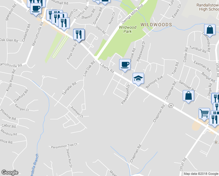 map of restaurants, bars, coffee shops, grocery stores, and more near 3717 Peace Chance Drive in Randallstown